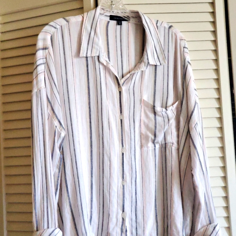 Sanctuary Striped Linen Blend Button Down Long Sleeve Top Size XL